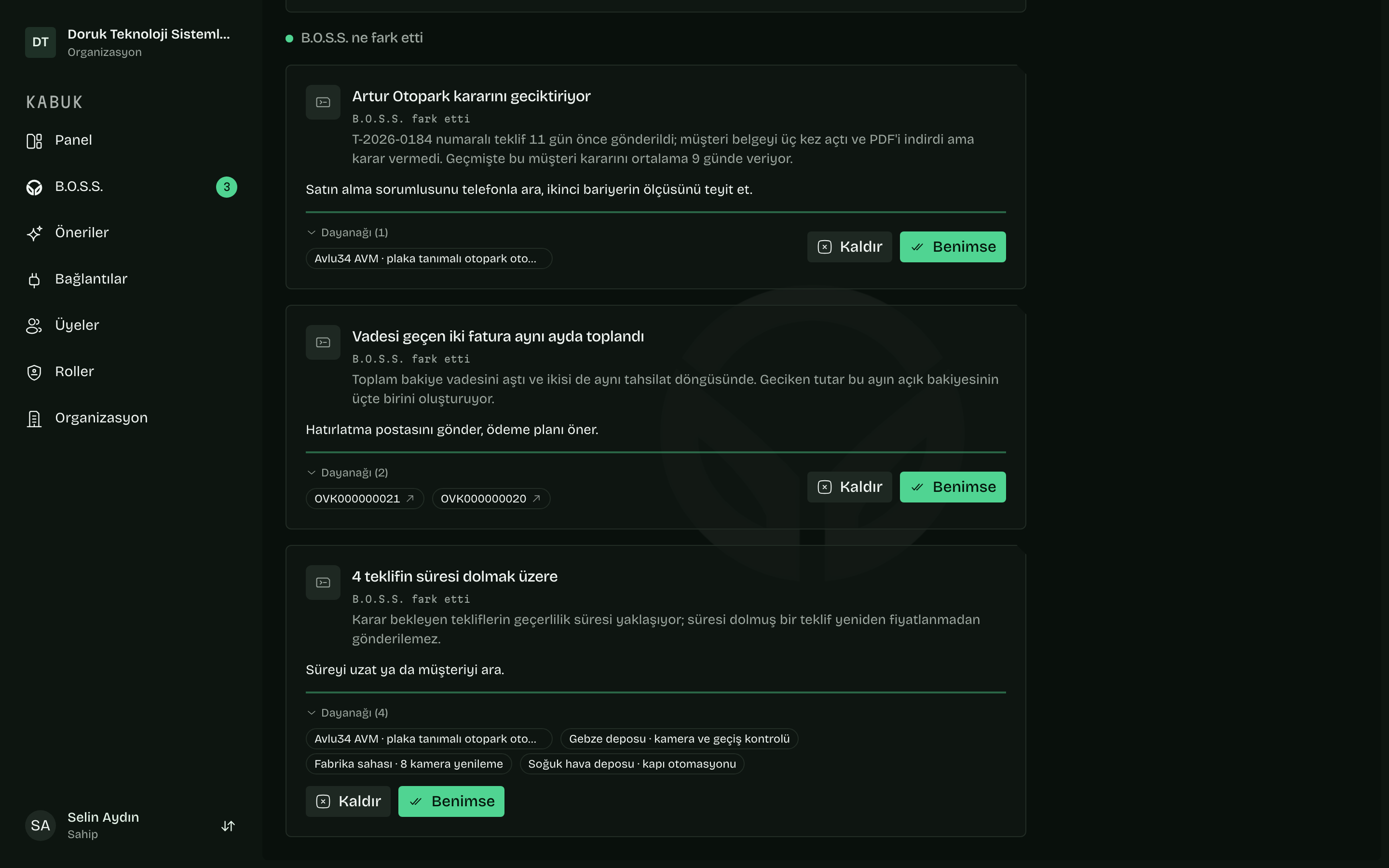 B.O.S.S. önerisi: dayanaklı bir öneri kartı, OVODOCK arayüzünde
