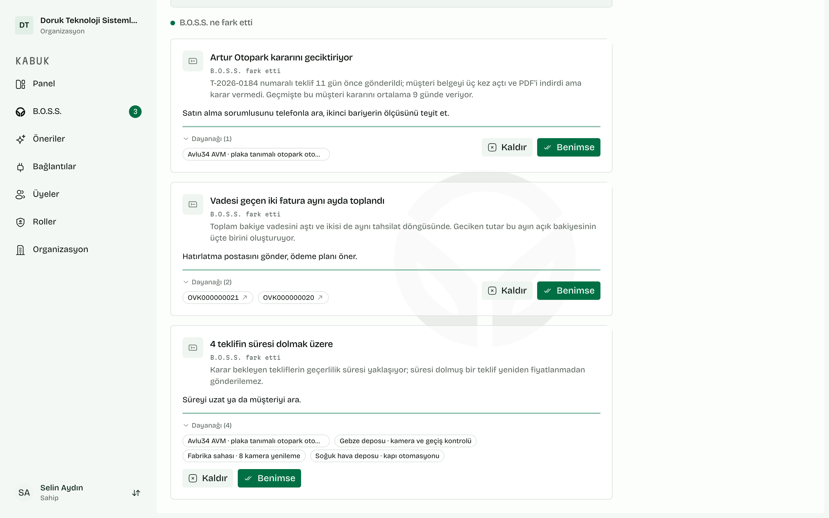B.O.S.S. önerisi: dayanaklı bir öneri kartı, OVODOCK arayüzünde
